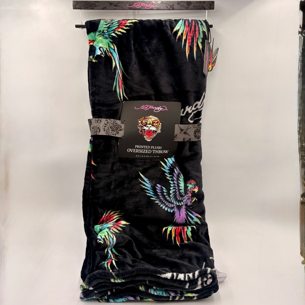 Ed Hardy Printed Plush Oversized Throw Blanket Black Parrot Tattoo Art 60x70 NEW